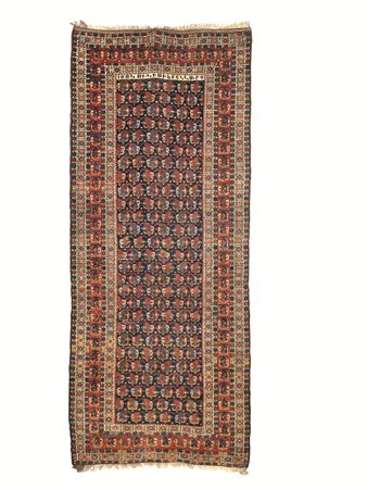 TAPPETO PERSIANO CON ISCRIZIONI ARMENE fondo blu con decoro a bothè azzurri,...