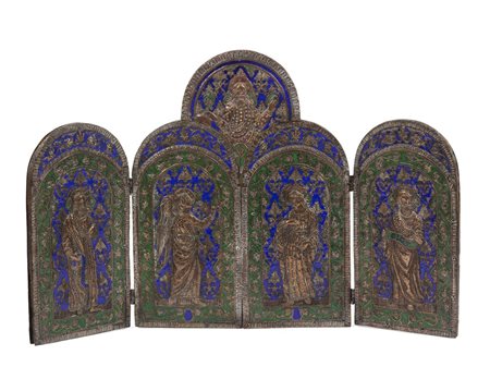 ICONA DA VIAGGIO, FINE SECOLO XIX in legno, ottone e smalti, cm 39x62 aperta...