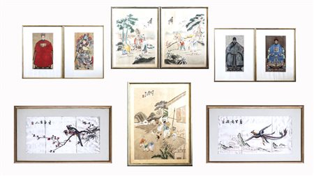 LOTTO serie di tre pannelli in seta Giappone, prima metà del XX secolo...