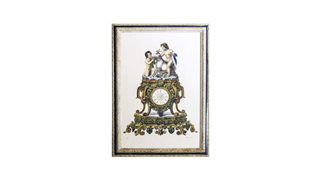 OROLOGIO CON PUTTINI E UVA litografia, in cornice cm 60x40 MANTEL CLOCK WITH...