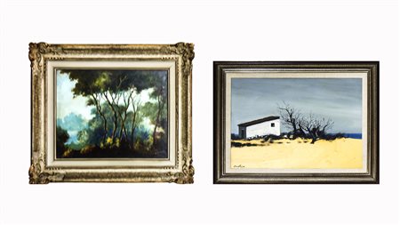 LOTTO DI DIPINTI Enotrio Pugliese, Marina tempera su tavoletta, firmato, al...