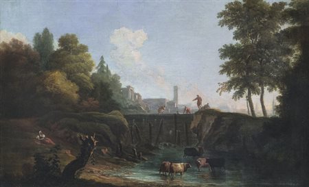 PITTORE DEL XVIII SECOLO Paesaggio fluviale con figure e armentiOlio su tela,...