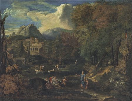 SCUOLA ROMANA DEL XVII SECOLO Paesaggio fluviale con città classica e astanti...