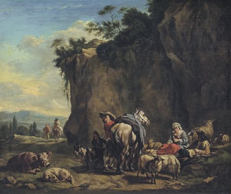 ROMEYN WILLEM 1624 - 1694Paesaggio con sosta di viandanti e armentiOlio su...