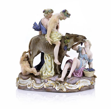 MEISSEN GRUPPO IN PORCELLANA, MEISSEN, XIX SECOLO, raffigurante Sileno ebbro...