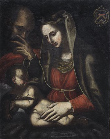PITTORE DEL XVII SECOLO Sacra famigliaOlio su tela, cm 62,5x49,5; restauri,...