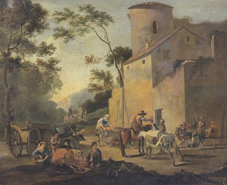 MONALDI PAOLO 1710 - 1779(ambito di)Paesaggio con sosta di viandanti in un...