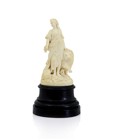 AVORIO EUROPEO GRUPPO IN AVORIO, XIX SECOLO, con figura femminile e leone...