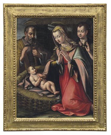 SCUOLA LOMBARDA DEL XVI SECOLO NativitàOlio su tavola, cm 77x60,5.