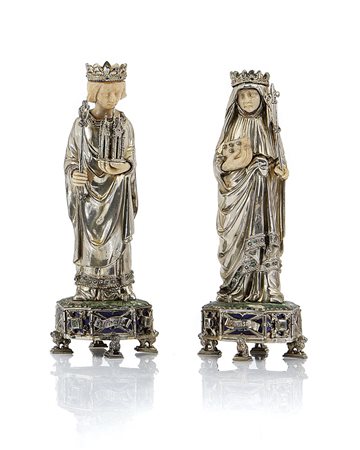 ARGENTI D'EPOCA COPPIA DI SCULTURE IN ARGENTO E AVORIO, XIX SECOLO,...