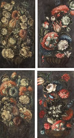 PITTORE DEL XVIII SECOLO Vasi di fiori Quattro oli su tela, cm 50x26,5;...