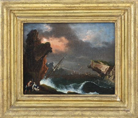 PITTORE DEL XVIII SECOLO Marina in burrasca con naufragio Olio su tela, cm...