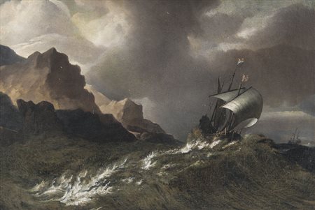 PITTORE OLANDESE DEL XVII SECOLO Marina in burrasca con velieroOlio su tela,...