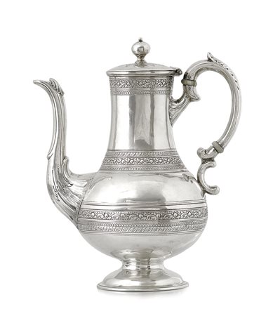 ARGENTI D'EPOCA CAFFETTIERA IN ARGENTO, EDIMBURGO, 1864, piriforme con manico...