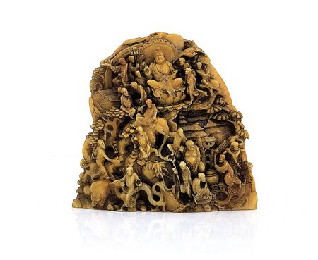 ARTE ORIENTALE GRUPPO IN PIETRA SAPONARIA, CINA, XIX SECOLO, scolpita a...