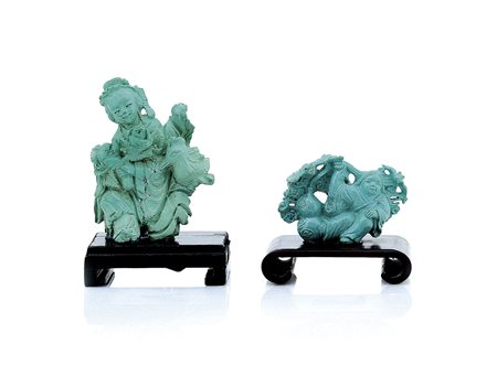 ARTE ORIENTALE DUE SCULTURE IN TURCHESE, CINA, INIZIO XX SECOLO, raffiguranti...