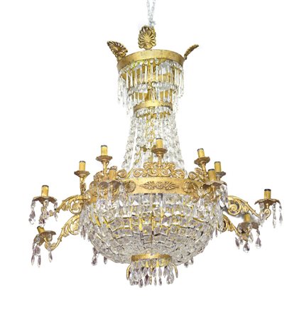 OGGETTISTICA VARIA LAMPADARIO IN CRISTALLO E METALLO DORATO, INIZIO XX...