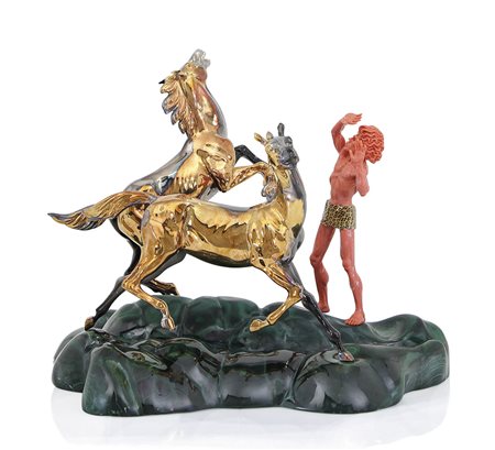 OGGETTISTICA VARIA GRUPPO IN MALACHITE, CORALLO E ARGENTO SMALTATO, XX...