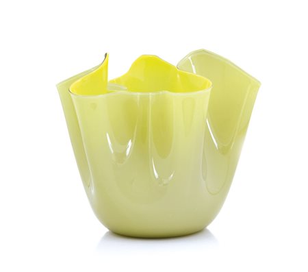VENINI VASO A FAZZOLETTO IN VETRO INCAMICIATO, VENINI, 1989, beige e giallo,...