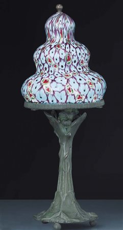 BAROVIER ABAT JOUR IN VETRO A MURRINE CON SOSTEGNO IN METALLO PATINATO VERDE,...