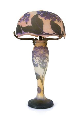 GALLE' LAMPADA A CHAMPIGNON IN VETRO TRIPLO, GALLE', 1900 CA., fusto a...