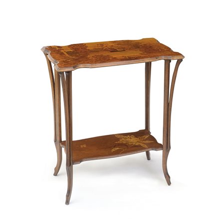 GALLE' TAVOLO INTARSIATO IN LEGNI VARI, GALLE', 1890 CA., a due ripiani...