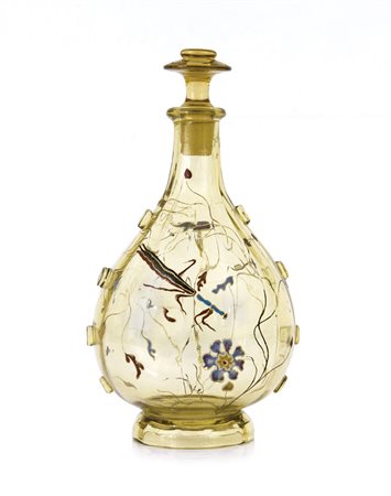 GALLE' BOTTIGLIA CON TAPPO IN CRISTALLO FUME' CON DECORI A SMALTO, GALLE',...