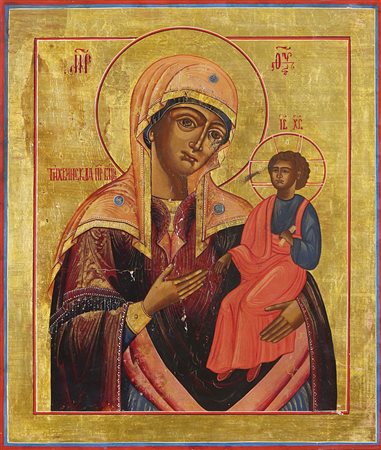 ICONA RUSSA DEL XIX SECOLO Madonna di TichvinTempera all'uovo su tavola a...