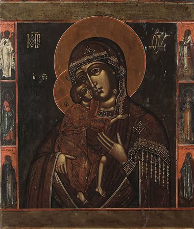 ICONA RUSSA DEL XIX SECOLO Madonna della Tenerezza e SantiTempera all'uovo su...