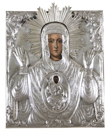 ICONA RUSSA DEL XIX SECOLO Madonna del segnoTempera all'uovo su tavola con...