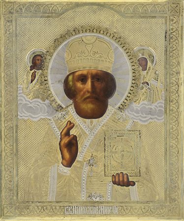 ICONA RUSSA DEL XIX SECOLO San Nicola Tempera all'uovo su tavola con riza in...