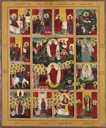 ICONA RUSSA DEL XIX SECOLO Dodici grandi feste Tempera all'uovo su tavola a...