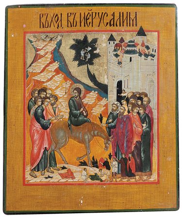 ICONA RUSSA DEL XIX SECOLO L'ingresso di Cristo a GerusalemmeTempera all'uovo...