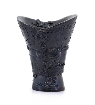 ARTE ORIENTALE RARA SCULTURA IN CORNO DI RINOCERONTE, CINA, XVIII SECOLO,...