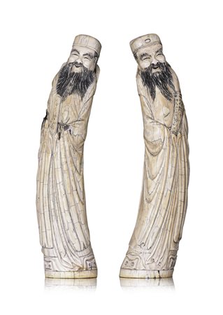 AVORIO COPPIA DI SCULTURE IN AVORIO, CINA, XIX SECOLO, raffiguranti due...