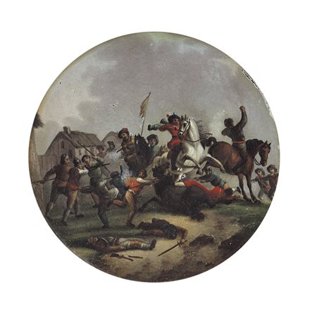 PITTORE DEL XIX SECOLO Scontro di cavalieri Miniatura su cartone circolare,...