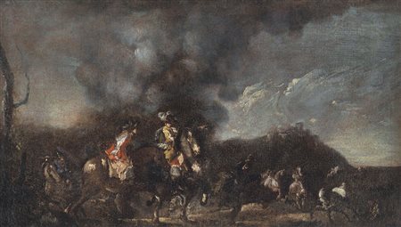 PITTORE DEL XVII SECOLO Scena di battaglia Olio su tela, cm 49,5x86;...