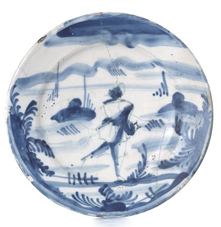 SAVONA PIATTO IN MAIOLICA, SAVONA, XVIII SECOLO, decoro blu a paesaggio con...