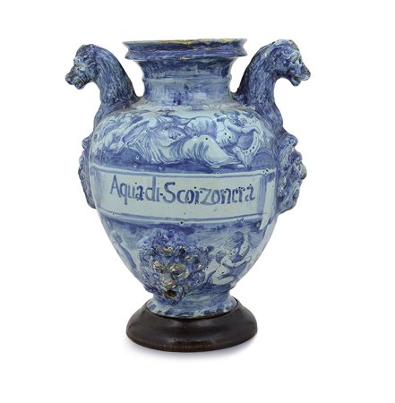 SAVONA STAGNONE IN MAIOLICA, SAVONA, XVII SECOLO, ovoidale con anse a protomi...