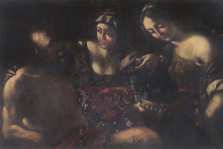 PITTORE VENETO DEL XVII SECOLO Loth e le figlieOlio su tela, cm 90x130;...