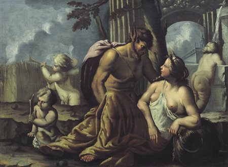 PITTORE DEL XVII SECOLO Cerere e Pan Olio su tela, cm 107x150; opera priva di...