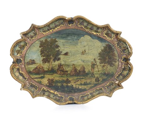 OGGETTISTICA VARIA GRANDE VASSOIO IN LEGNO DIPINTO E LACCATO AD ARTE POVERA,...