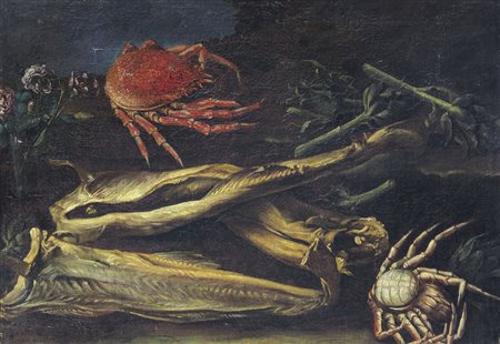 PITTORE DEL XVII SECOLO Natura morta con crostacei, pesci, carciofi e vaso di...