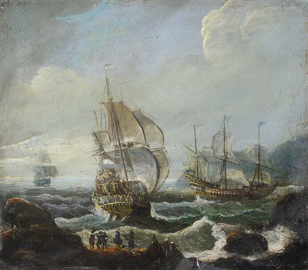 PITTORE DEL XIX SECOLO Marina con velieri Olio su tavola, cm 23,5x26,5.