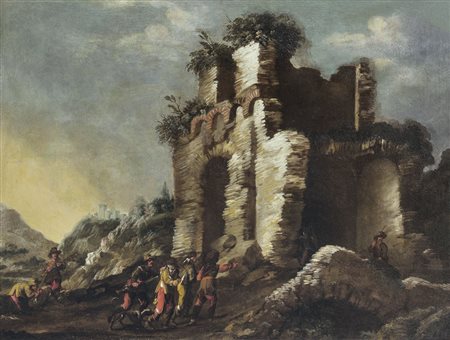 TRAVI ANTONIO 1608 - 1665(attribuito a) Paesaggio con ruderi e brigantiOlio...