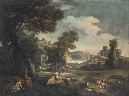 RICCI MARCO Belluno 1676 - Venezia 1730Paesaggio fluviale con viandanti e...