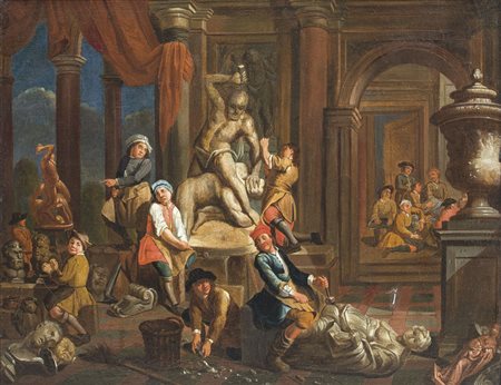 PITTORE DEL XVIII SECOLO L'atelier di uno scultoreOlio su tela, cm 67x83.