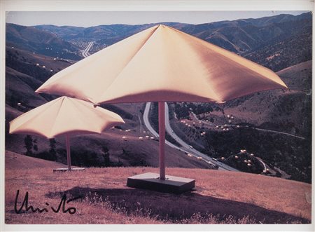 Christo (1935), Yellow ombrellas, anni '80 card-offset, cm.10,5x15