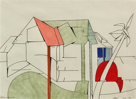 ADAMI VALERIO Esterno coloniale 1967 tecnica mista su cartoncino cm. 41 X 55...