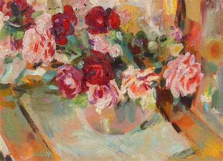 BALLA GIACOMO Rose di maggio 1952 olio su faesite cm. 40.8 X 56.4 Firma...